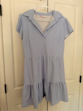 Jude Conally Blue and White Striped Short Sleeve Tiered Athletic Dress